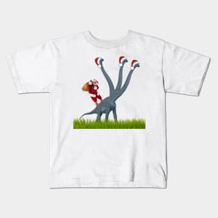 Dinosaur celebrates Christmas with Santa Claus | 3-necked dinosaur | Merry Xmas Kids T-Shirt